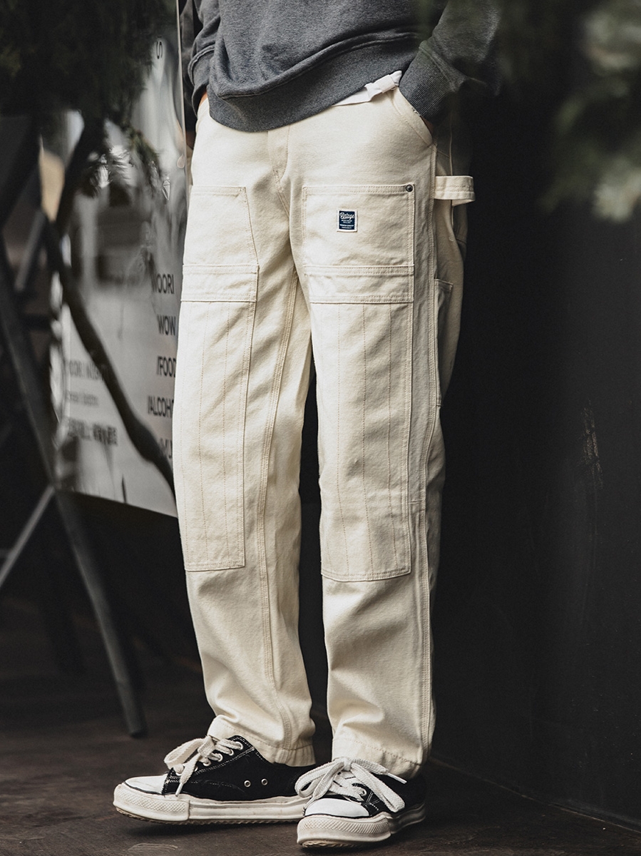 Madden Distressed Creamy-white Denim Multi-Pocket Workwear