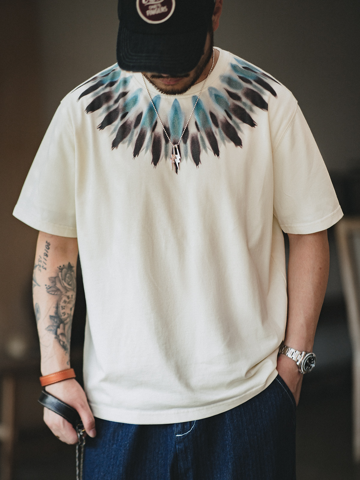 Madden Retro Feather Print Short Sleeve Ethnic Style Parka