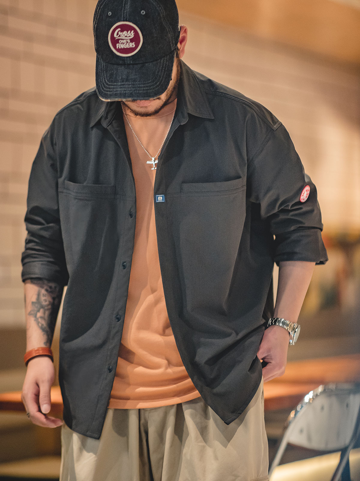 Madeng Mountain Dark Gray Casual Anti-Wrinkle Long Sleeve Tooling
