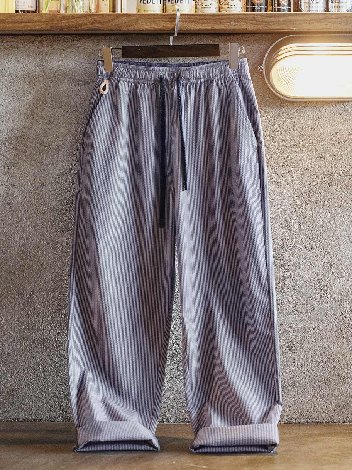 Madden Cargo American Easypants Seersucker Stripe Casual Pants Elastic Waist Non-Ironing Straight Trousers Men's Autumn