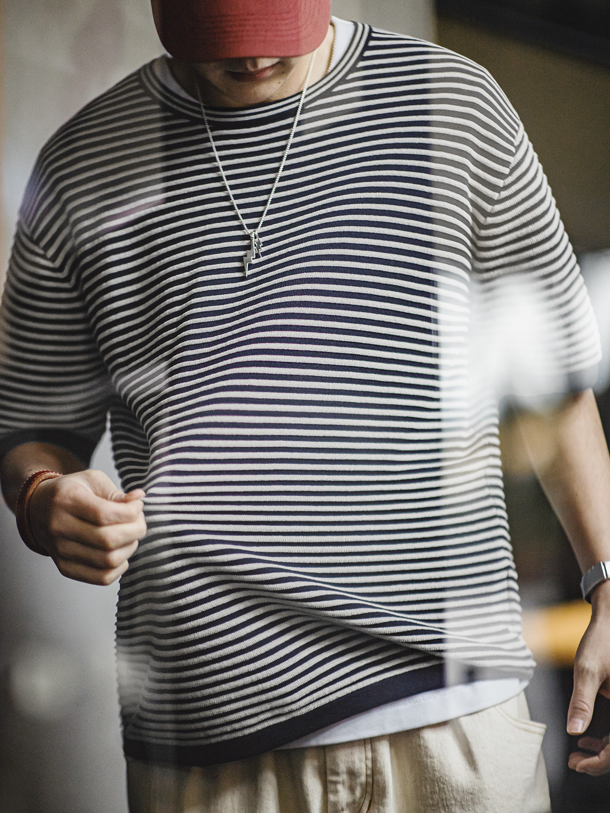 Madden Contrast Color Casual Half Sleeve Navy-Striped Shirt Parka