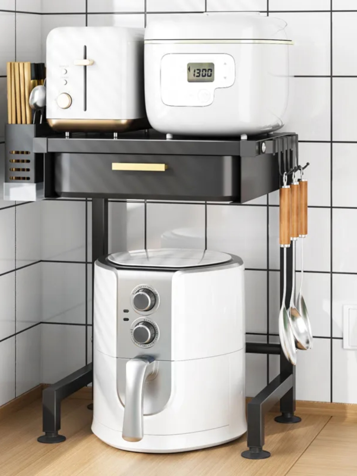 Jujiajia Kitchen Rice Cooker Storage Rack Can Be Pulled Discharger Small Household Appliances Storage Rack Table Top Double-Layer Air Frying
