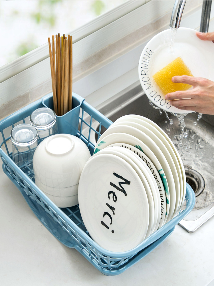 Jujiajia Dish Storage Rack For Home with Chopsticks Cage Removable Dish Rack Draining Rack Kitchen Plastic Tableware Rack