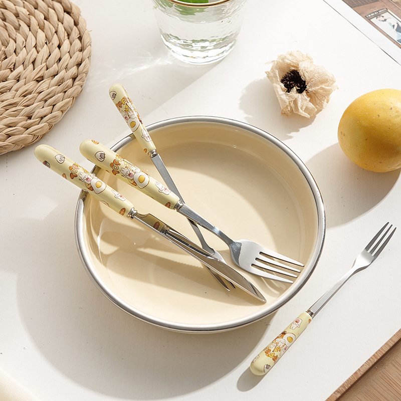 Jujiajia Creative Toast Rabbit Cartoon Knife, Fork and Spoon Anti-Scald Thickening Ceramic Handle Tableware Spork Good-looking Western Food
