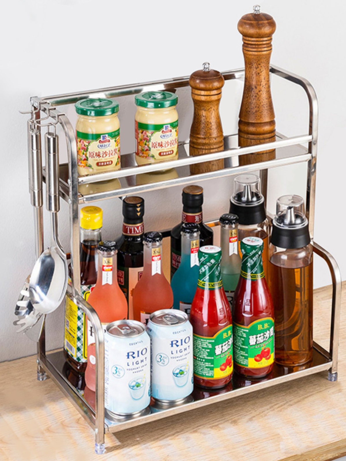 Kitchen Stainless Steel Spice Rack Countertop Multi-Functional Condiment Kitchenware Supplies Storage Rack Multi-Layer Shelf