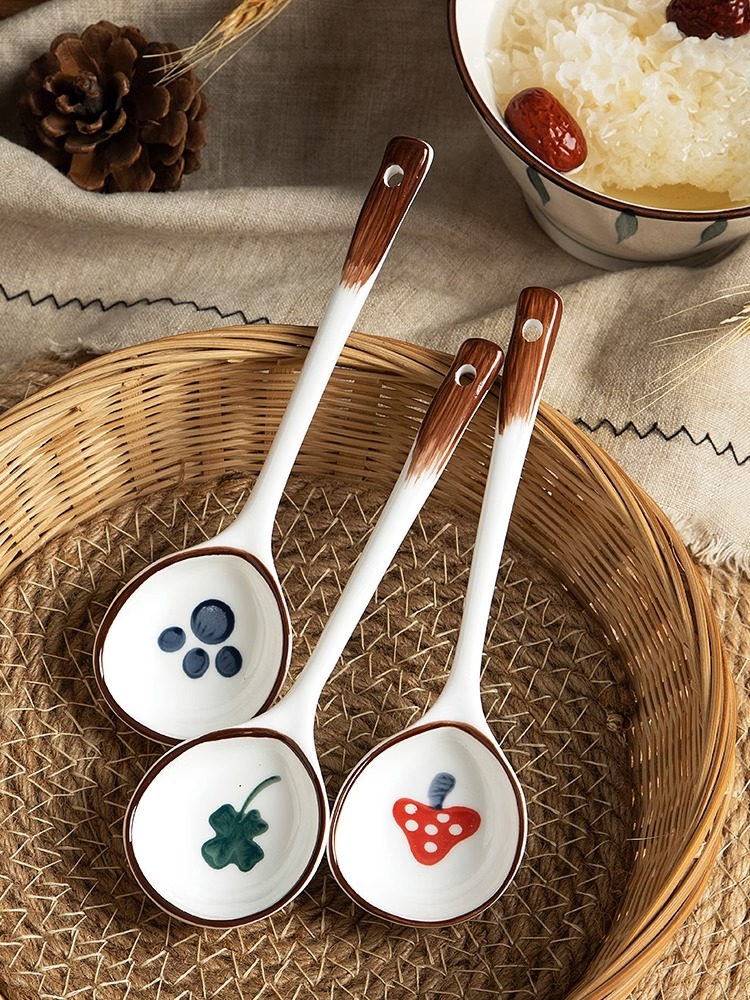 Jujiajia Ceramic Spoon For Home Japanese Good-looking Soup Spoon Long Handle round Head Soup Spoon Porridge Spoon Rice Spoon
