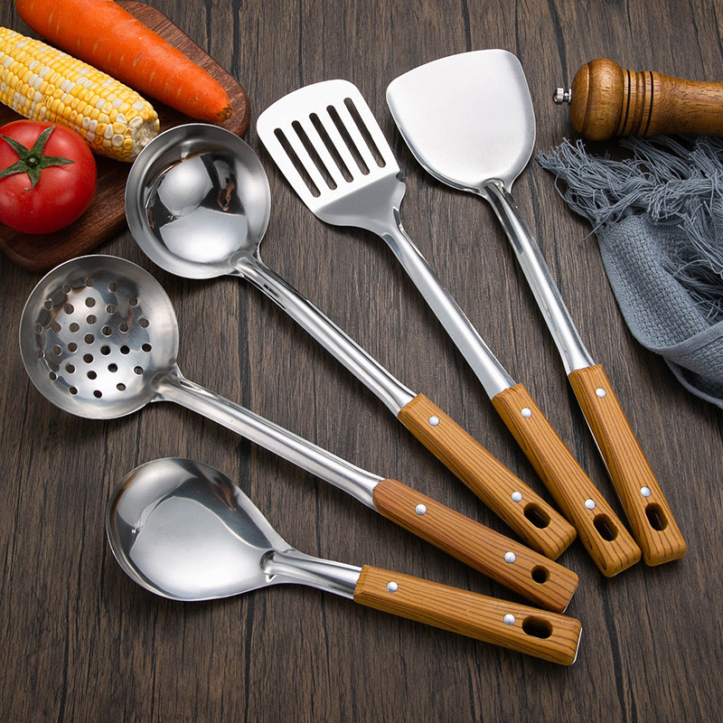 Spatula and Soup Spoon Spatula Colander Meal Spoon Thickened and Anti-Scald Cooking For Home Kitchen Stainless Steel Five-Piece Set