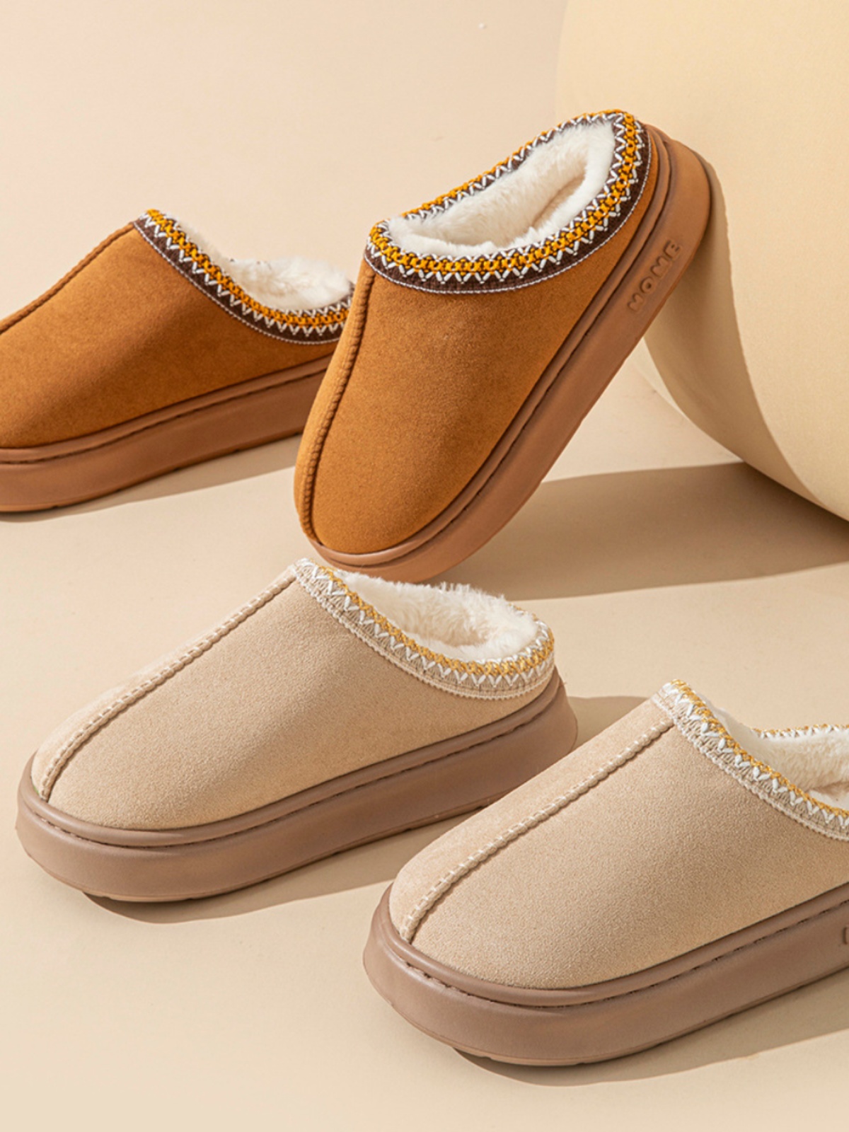 Jujiajia Pure Color Imitation Deerskin Velvet Patchwork Home Slippers Thick Sole Lightweight Non-Slip Thermal Cotton Slippers Women's Eva