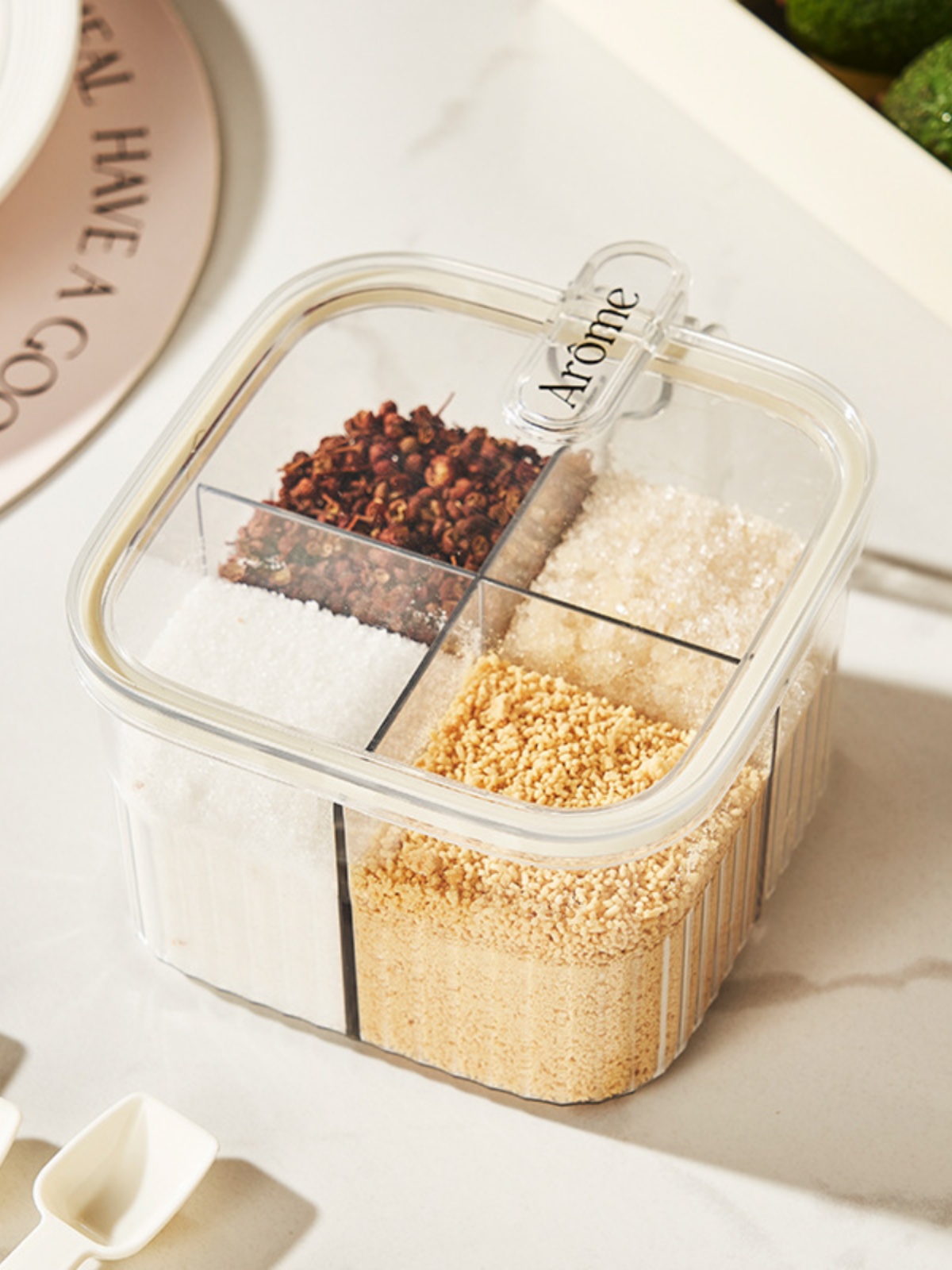 Kitchen Press Type Four-Compartment Condiment Dispenser Sealed Moisture-Proof with Spoon for Containing Salt MSG Condiment Seasoning Box Seasoning Containers