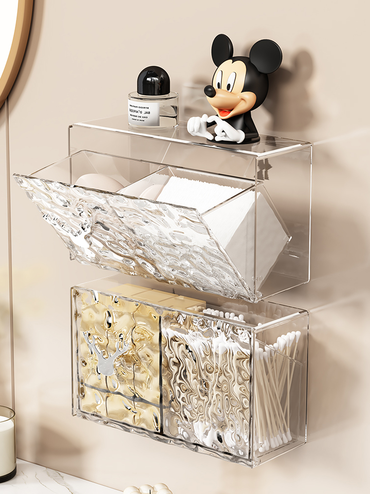 Jujiajia Cotton Pad Storage Box Bathroom Accessible Luxury Water Ripple Cotton Swab Wall-Mounted Storage Rack Face Cloth Mirror Cabinet Box