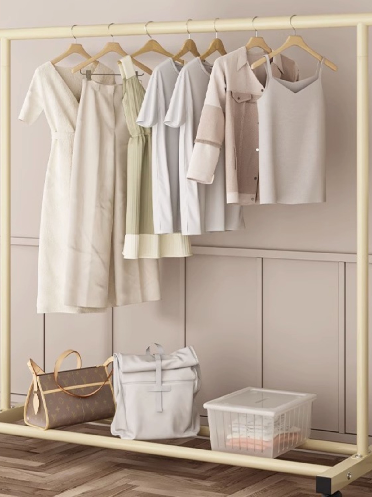 Simple Clothes Hanger Floor For Home Bedroom Cream Style Hang Clothes Foldable Indoor Dormitory Movable Cool down Coat Rack