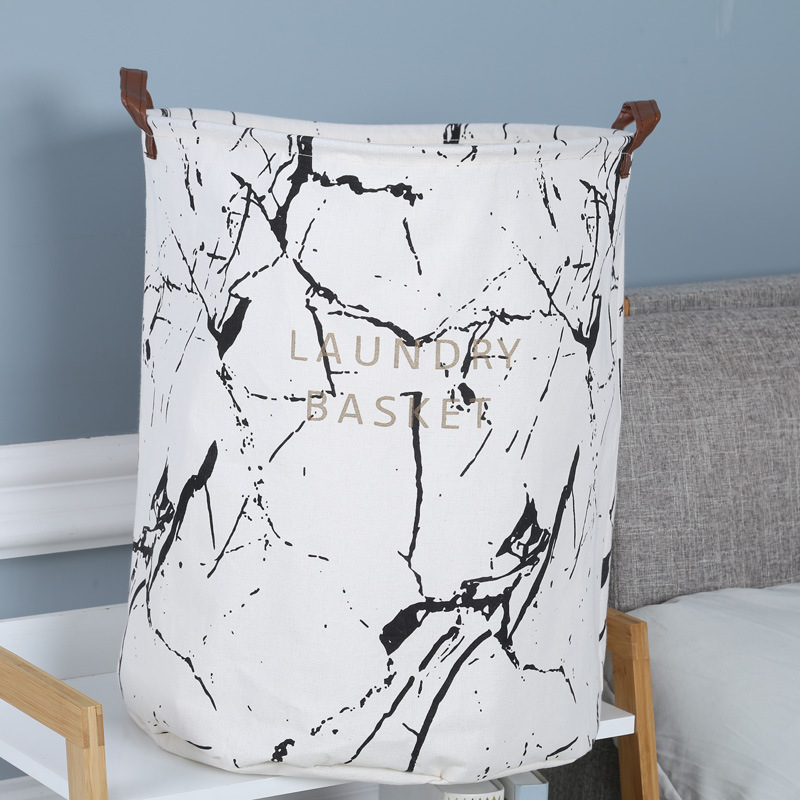 Jujiajia Cotton and Linen Marbling Laundry Bucket Foldable Waterproof Dirty Clothes Basket round Storage Bucket Fabric Laundry Basket