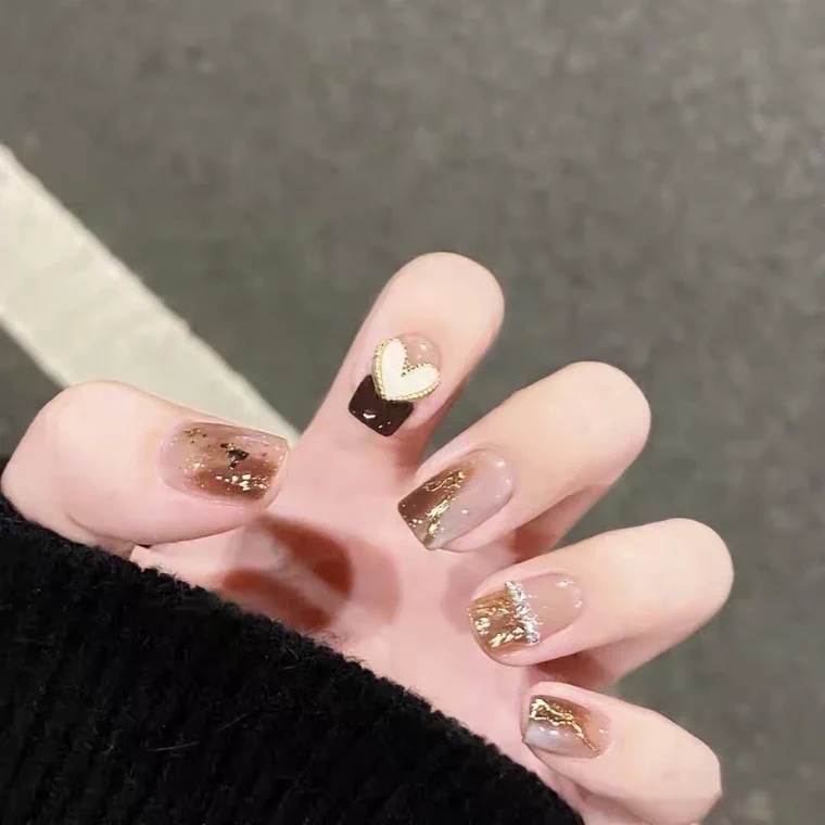 Handmade Wear Nail UV Nail Beauty Patch Ice Transparent Brown Smudged Gold Foil Chain Diamond High-End Fake Nails