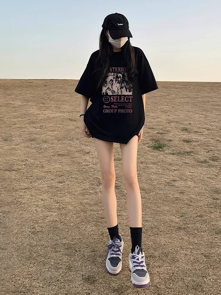 Short Sleeve Women's T-Shirt Summer 2025 New Arrival Best Selling Black Pure Cotton Loose American Retro Slimming Half Sleeve round Neck Tops