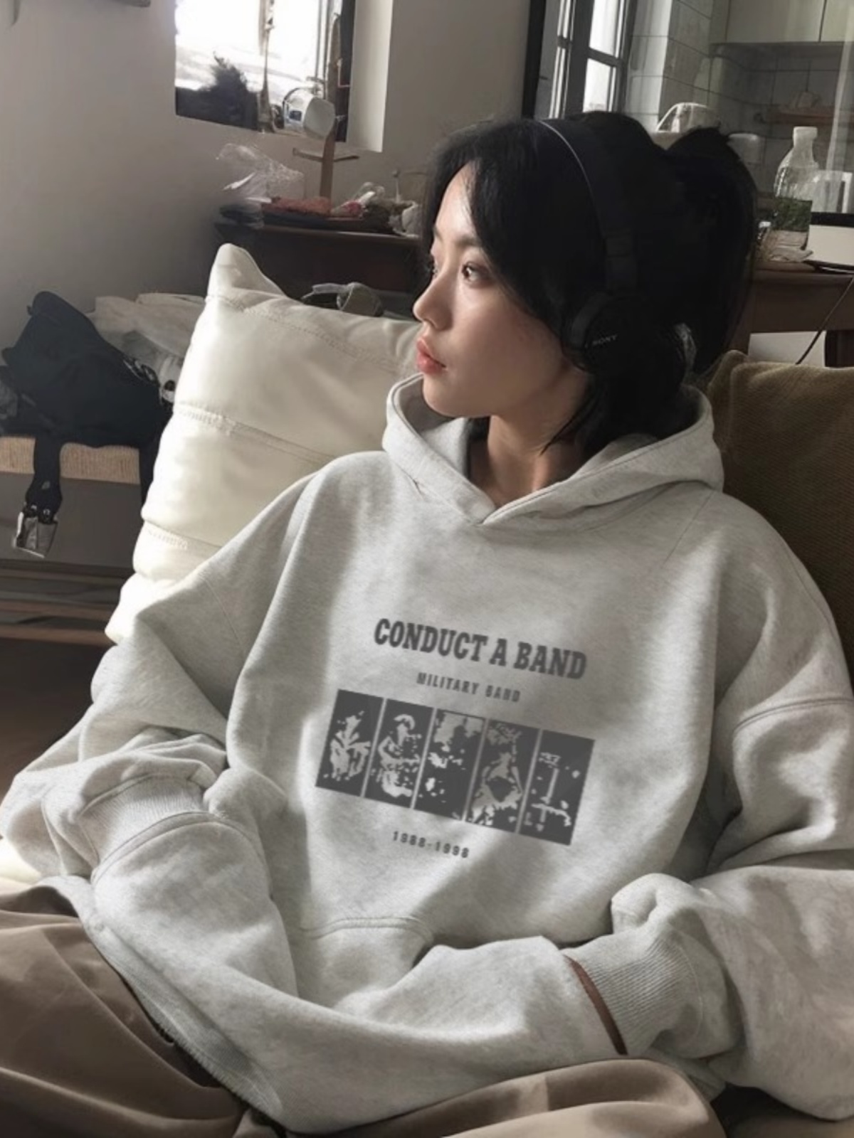 Light Gray Hooded Sweatshirt Female Spring and Autumn Fleece Thickened Oversize Outwear 2025 New Arrival Best Selling Loose Tops