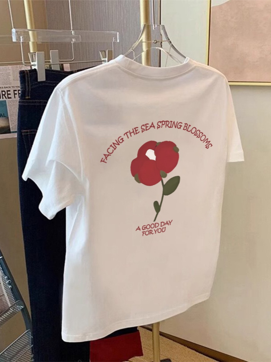 Minimalist Style Flower Pure Cotton Short-Sleeved T-shirt for Women 2025 New Arrival Summer Western Style Anti-Aging Tummy Hiding Slim Looking Tops Women