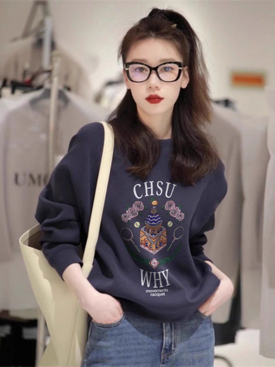 American Retro Sweatshirt round Neck Small Slim Looking Loose Navy Blue Korean Style Tops Female Spring & Fall Fancy Lazy