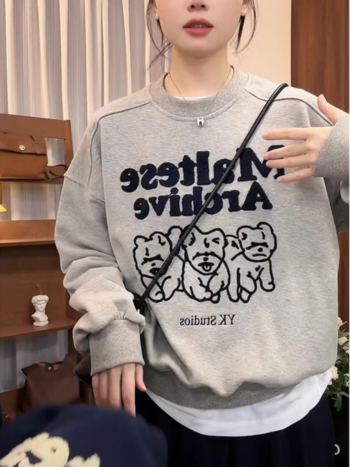 Korean Series Gray round Neck Hoodie Women Spring and Autumn 2025 New Letters Print Temperament Outerwear All-Match Long sleeve Top Fashion
