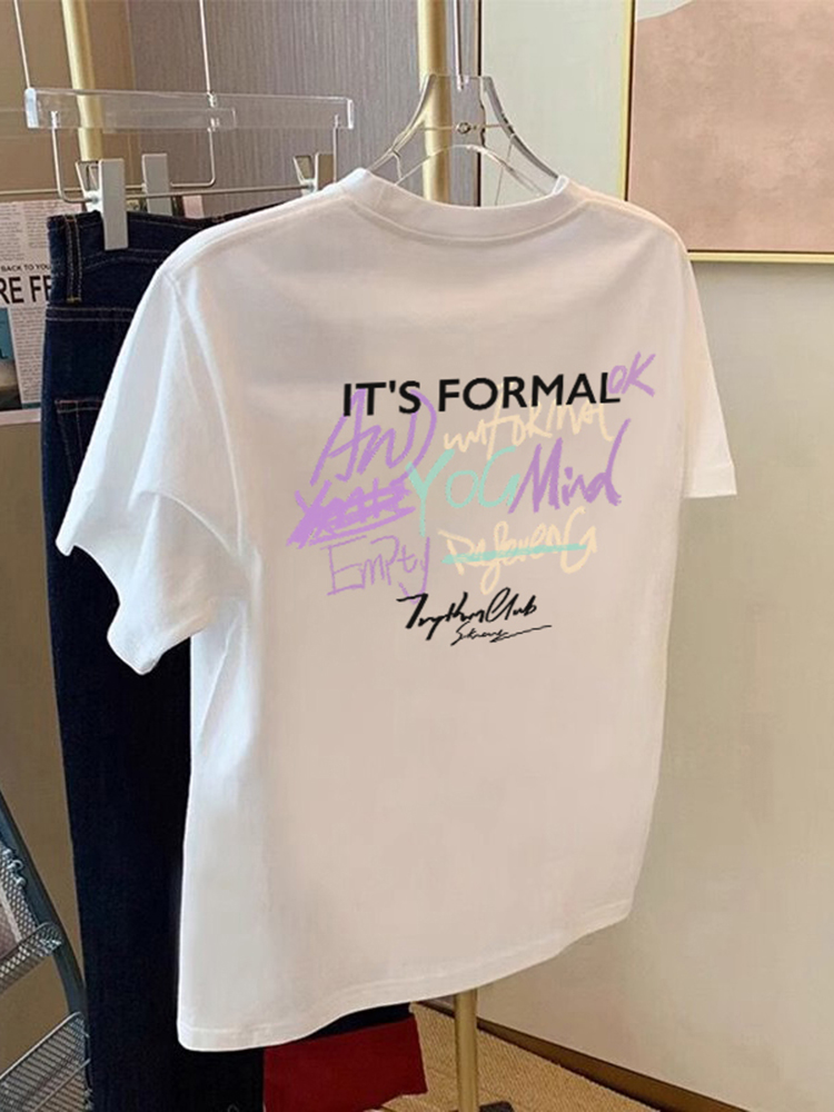 Pure Cotton Shoulder Graffiti Short Sleeve T-shirt Female 2025 Spring and Summer Best-Selling New Type Couple Loose Half Sleeve round Neck Tops