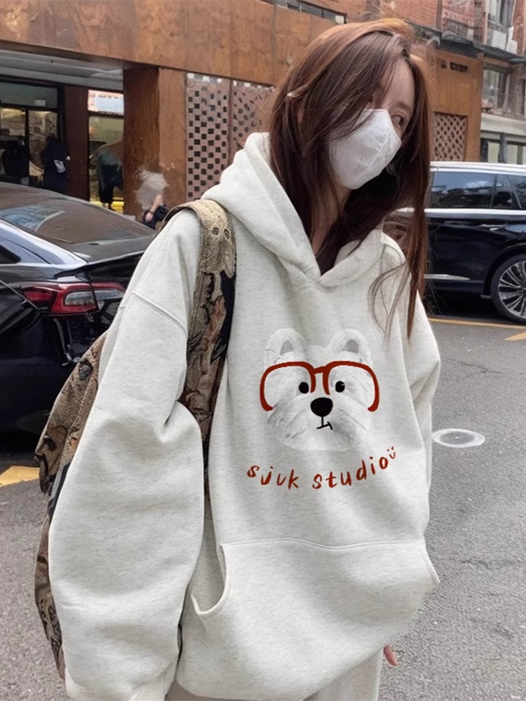 Light Gray Heavy Weight Silver Fox Velvet Hooded Sweatshirt Female Best Selling Spring & Fall Loose and Lazy Style American Retro Coat Top