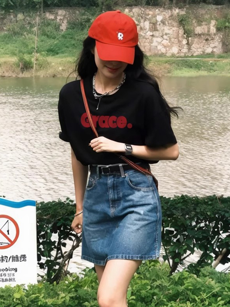 White Shoulder T-Shirt Women's Short Sleeve 2025 New Arrival Best Selling Summer Pure Cotton Loose Print T-shirt Petite Top