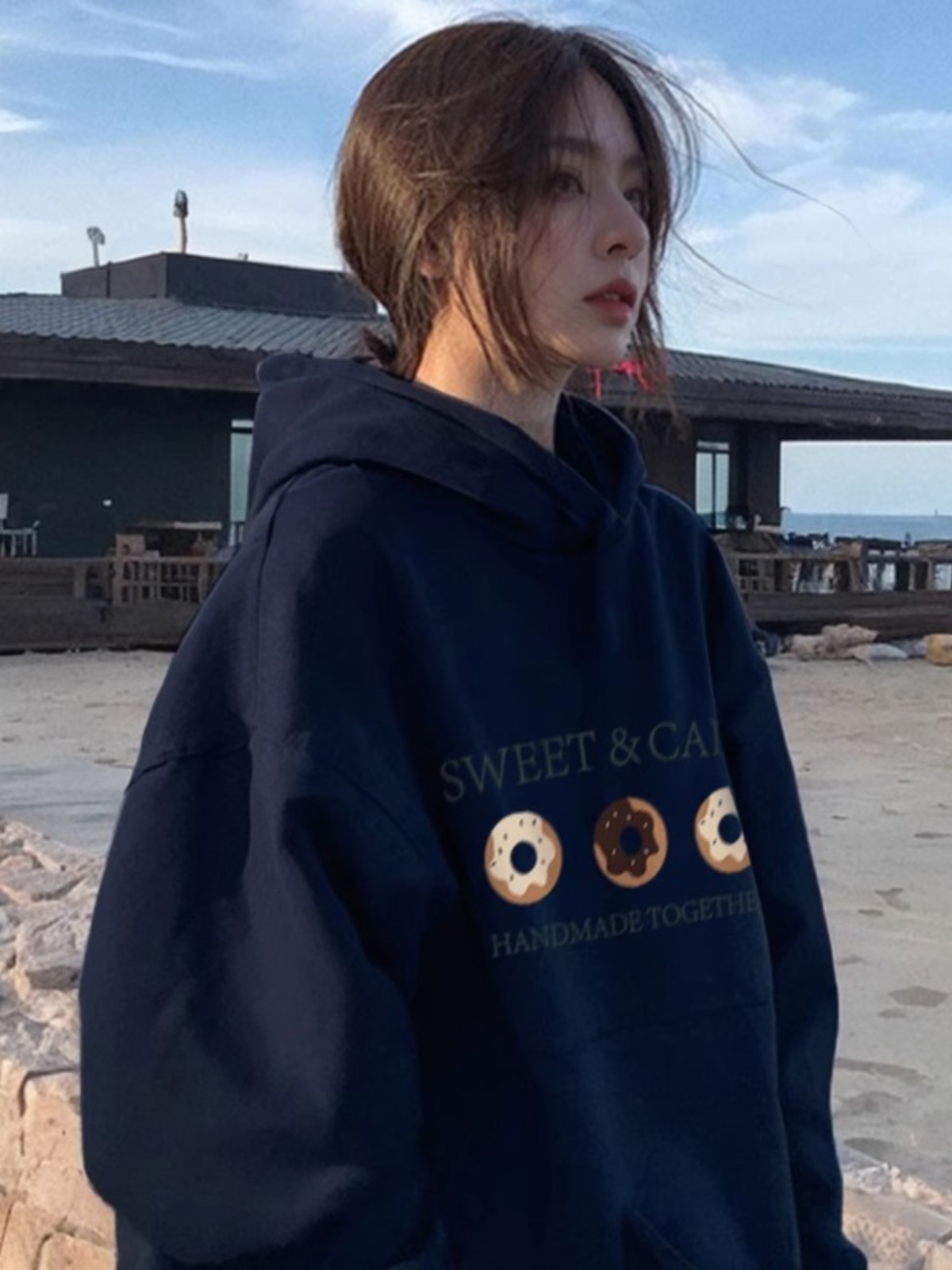 Hooded Sweatshirt Female Dark Blue Spring Fleece-lined Thickened Loose-Fitting Jacket Autumn 2025 New Arrival Best Selling Korean Style Tops