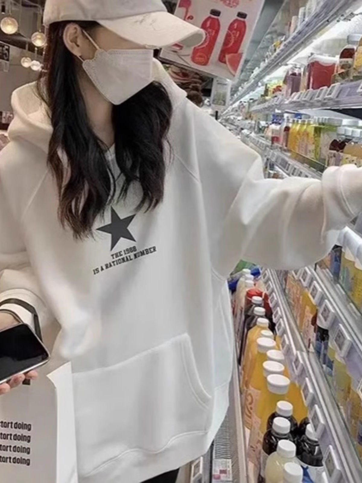 White with Fleece Lining Thickened Sweatshirt Women's Hooded Spring & Fall 2025 New Arrival Loose Mid Length Long Length European Goods American Outwear Spring & Fall