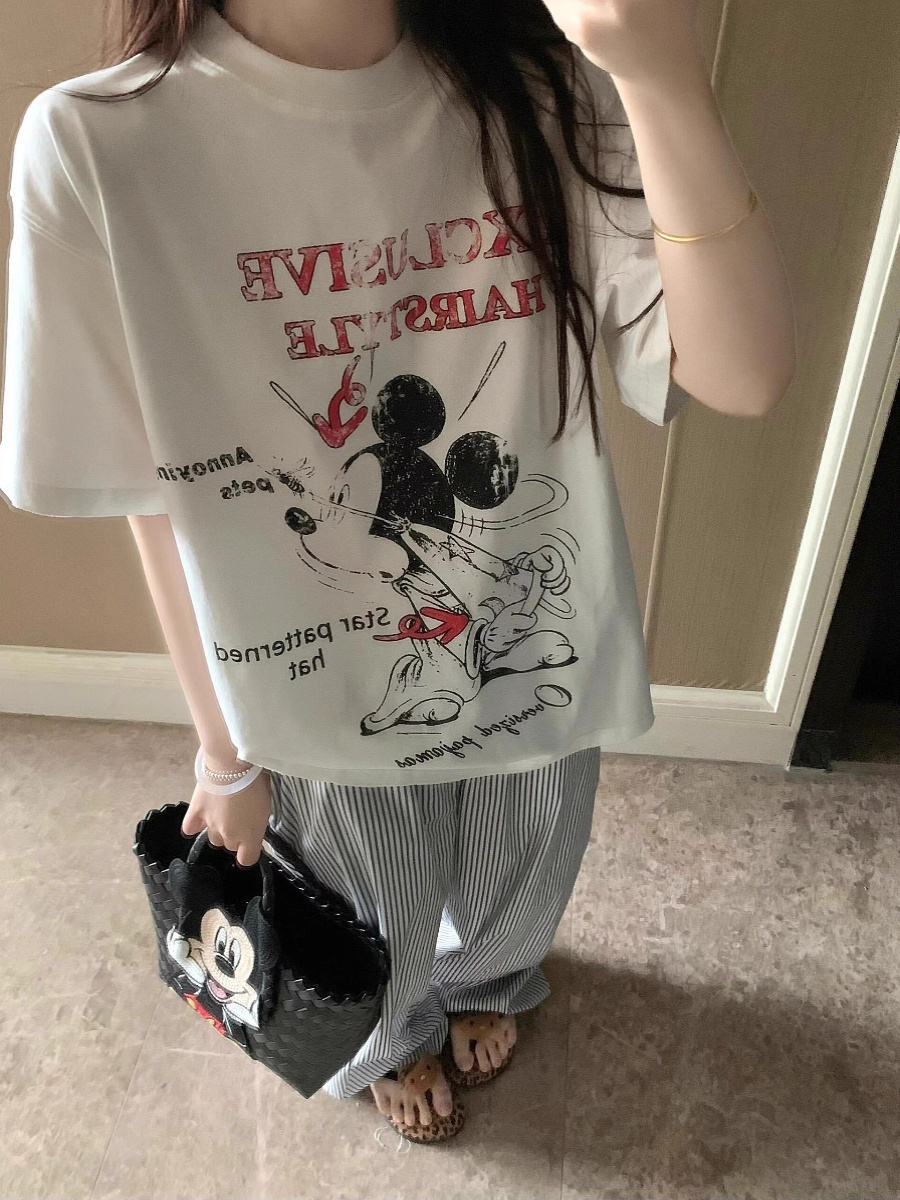 2025 New Heavy Weight Cartoon Print round Neck Boxy Short Wide Ice Mickey Short Sleeve T-shirt Couple Men and Women Same Style