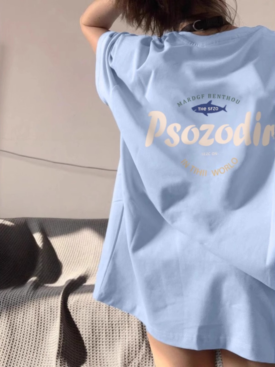 Milk Blue Pure Cotton Shoulder Short-Sleeved T-shirt Women's Summer 2025 New Arrival Dopamine Wear Loose Half-Sleeve Top Tide
