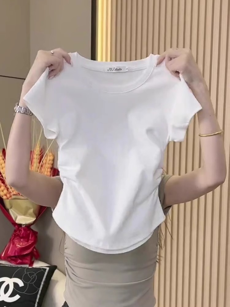 2025 Summer New Arrival Best Selling Short Shoulder Tops Stylish Niche Style Younger Cinched White Short Sleeve T-shirt for Women