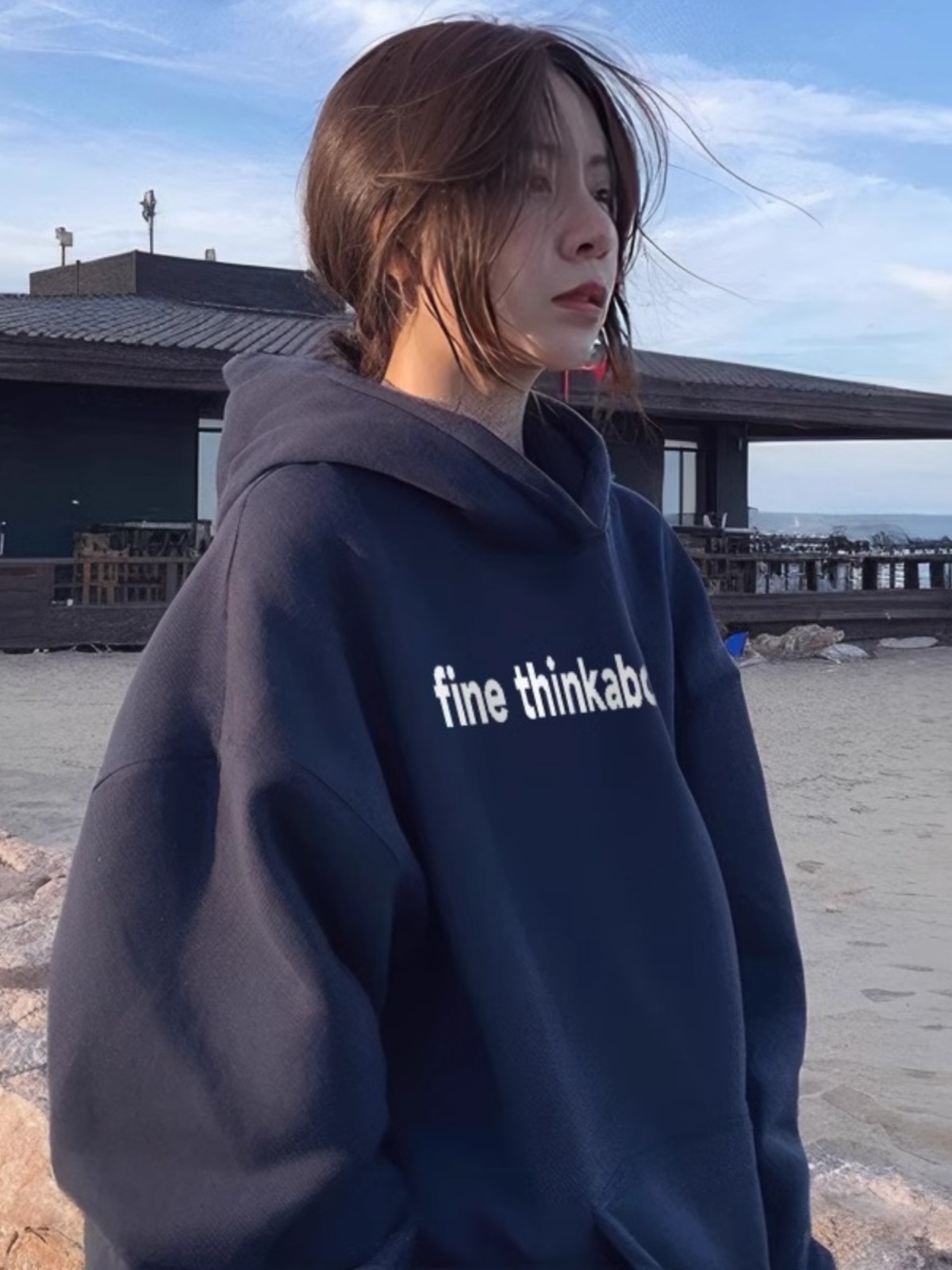 Hooded Sweatshirt Female Spring and Autumn Fleece Thickened 2025 New Arrival Best Selling Dark Blue Laid-Back Long Sleeve Outwear Loose Tops
