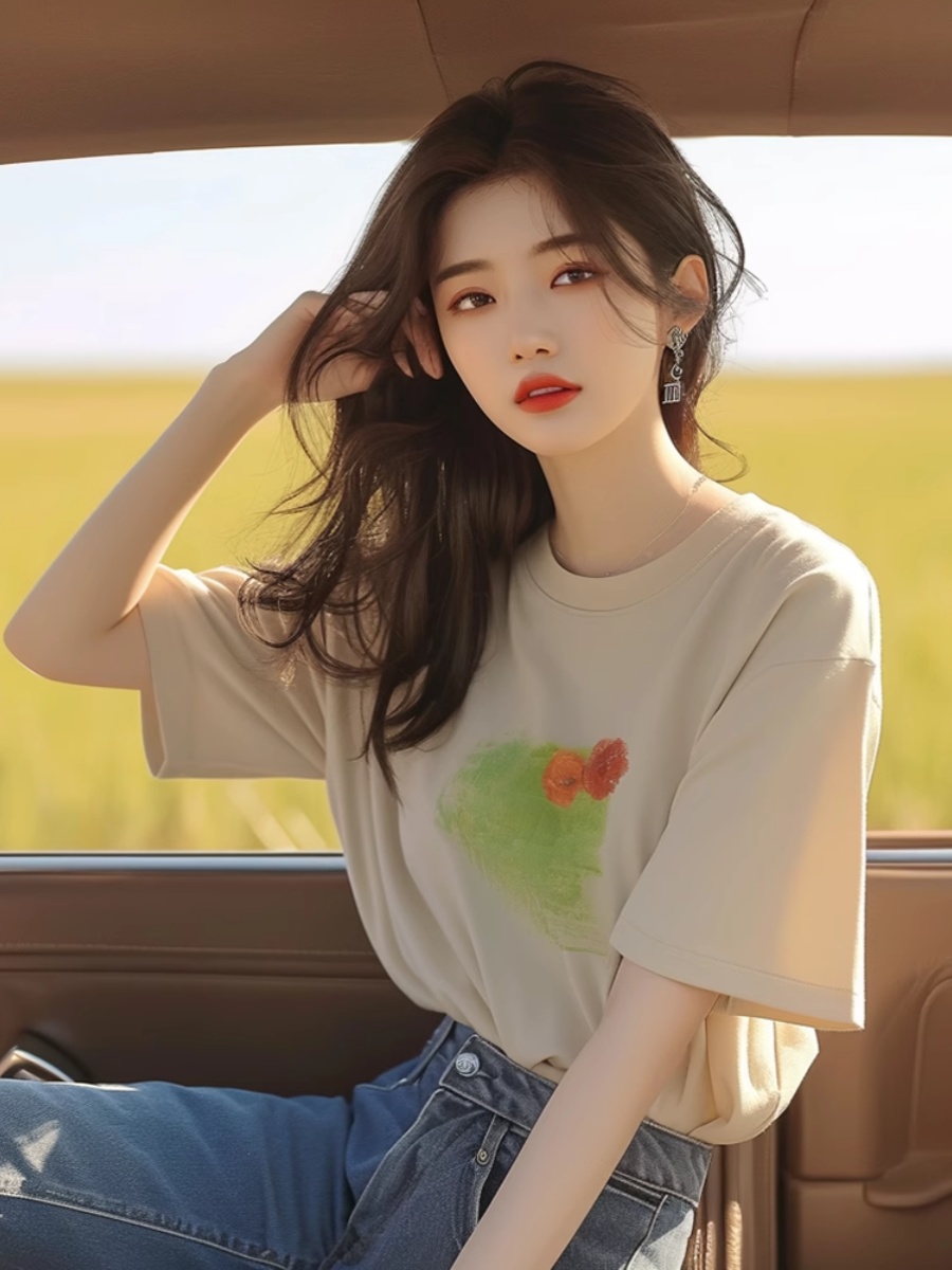 Summer Korean Style Chic Western Style Youthful-Looking Unique Chic Beautiful Tops Stylish Niche Style Apricot Short-Sleeved T-shirt for Women