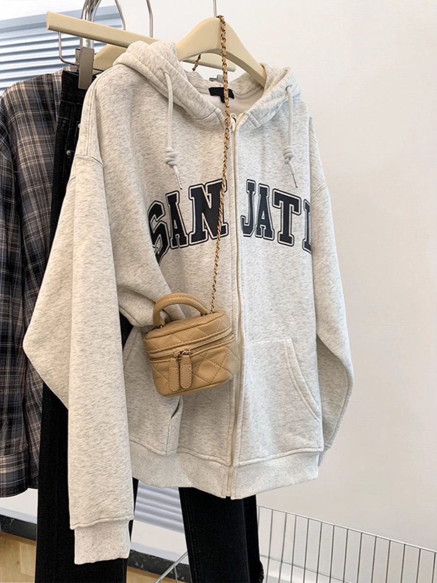 Gray with Zipper Cardigan American Hooded Sweatshirt Women's Spring & Fall 2025 New Arrival Hoodie Idle Style Loose Top Coat
