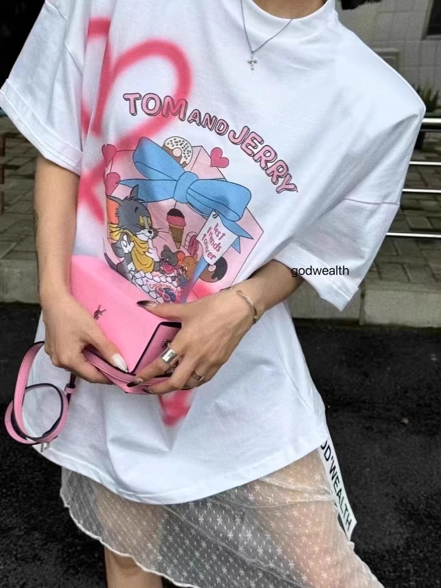 Women's Clothing in 13 Lines 2025 Summer New Arrival South Korea Loose Heart Graffiti Cartoon Print Short Sleeve T-shirt Top Female Fashion
