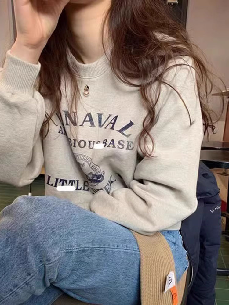 Gray Stylish Letters Printed Crew Neck Sweatshirt Female Spring & Fall New Arrival Fleece Padded Coat Long Sleeves Pullover Niche Top