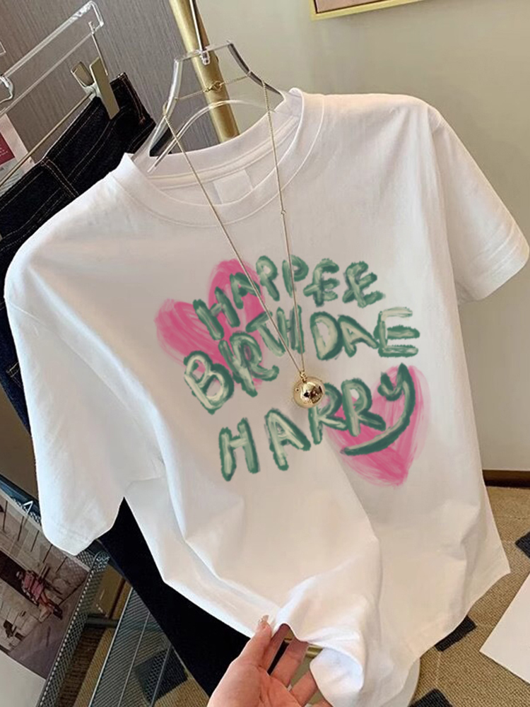 European Station 2025 Summer New Arrival Letters Heart Short-Sleeved T-shirt Pure Color Versatile Casual Slim-Fit Loose Tops Women
