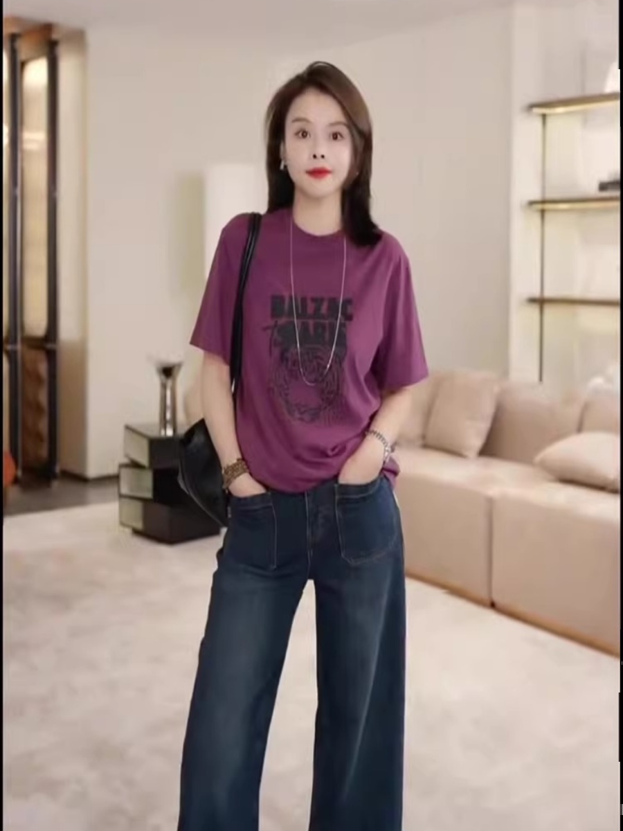Korean Simple Purple Short Sleeve T-shirt Women 2025 New Arrival Summer Fashion Western Style Leisure Easiest for Match Beautiful Small Top