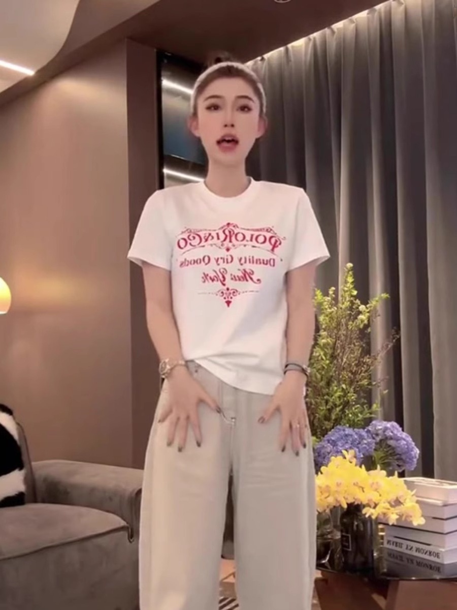 2025 New Arrival Letter Print T-shirt Female Summer Stylish Minority All-Match Mid Length Long Length All-Match Minimalist Short Sleeve Female