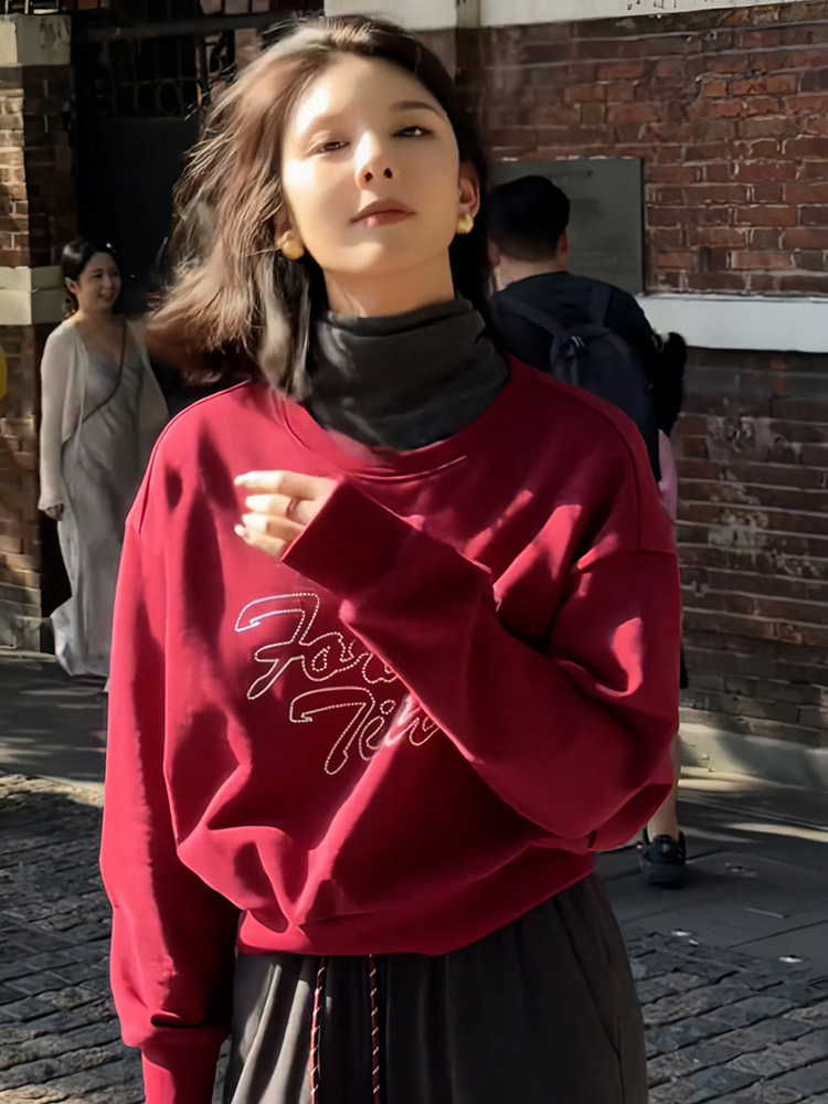 Korean Style Letter Print Pullover Sweatshirt Women's Spring and Autumn Loose Slim Looking Chic Short Outwear Fashion Fashionable Top