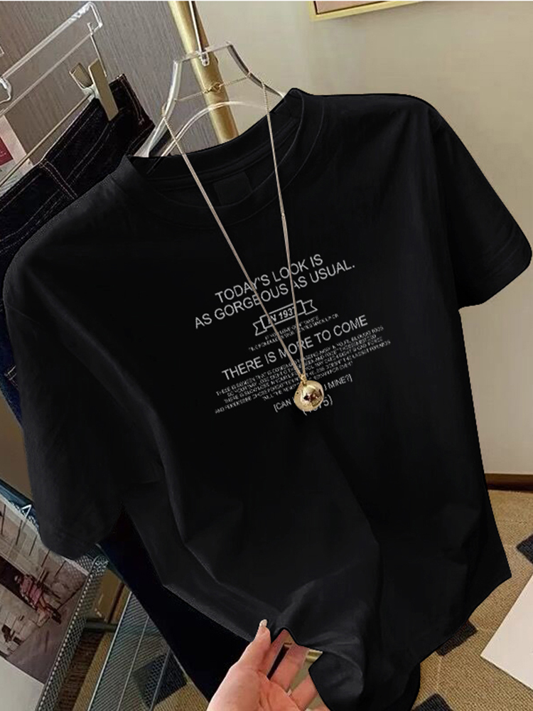 Simple Black Letters Multi-Color Short-Sleeved T-shirt for Women Spring/Summer New Arrival Commute Leisure Korean Style Sense of Design Loose Tops