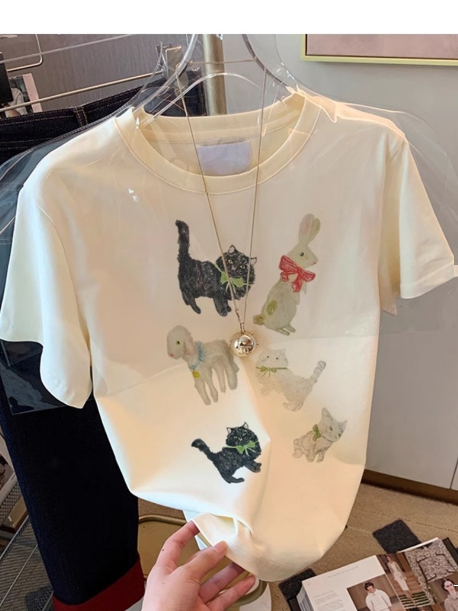 Shoulder Pure Cotton round Neck Short Sleeve T-Shirt Women's Fashion All-Match Western Style Classy White Tops Thin Bottoming Shirt Summer