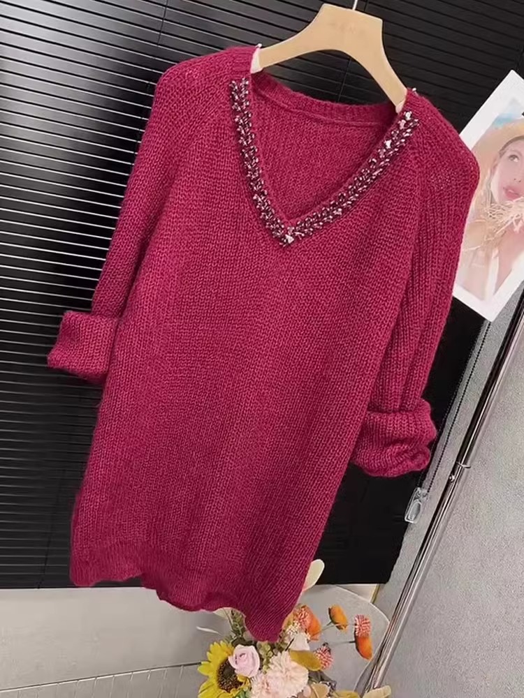 French Style Retro Ankela Red Diamond Sweater Female 2025 Spring New Arrival Loose Slim Looking Western Style All-Matching Long Sleeves