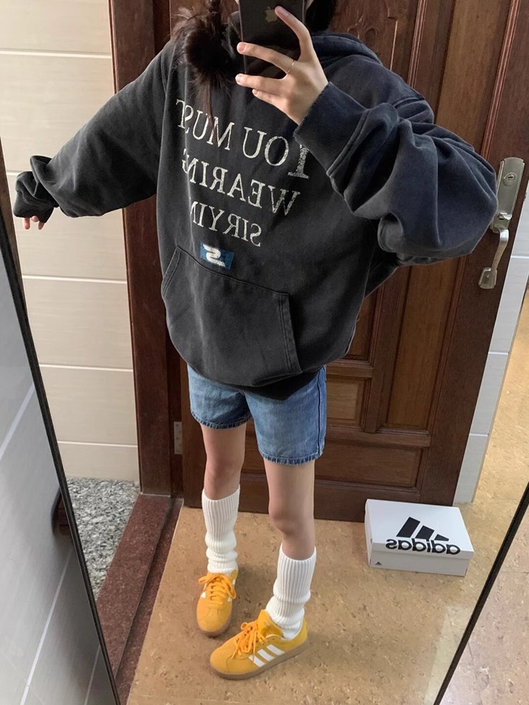Country Trendy Mottled Slogan Sweatshirt Female Spring and Autumn Fleece Thickened Hooded Temperament Wild Oversize American High Street