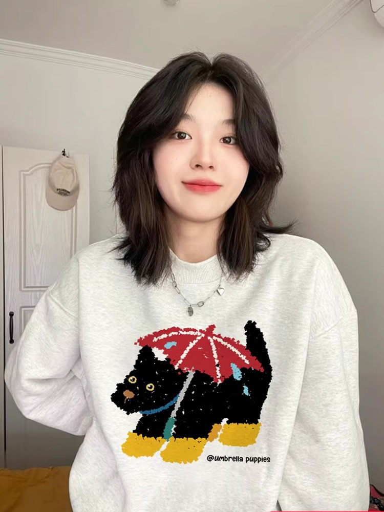American Chic Niche Style Cartoon Dog Light Gray Sweatshirt Female Loose Large Version Easiest for Match Spring & Fall Velvet Padded Thickened Top