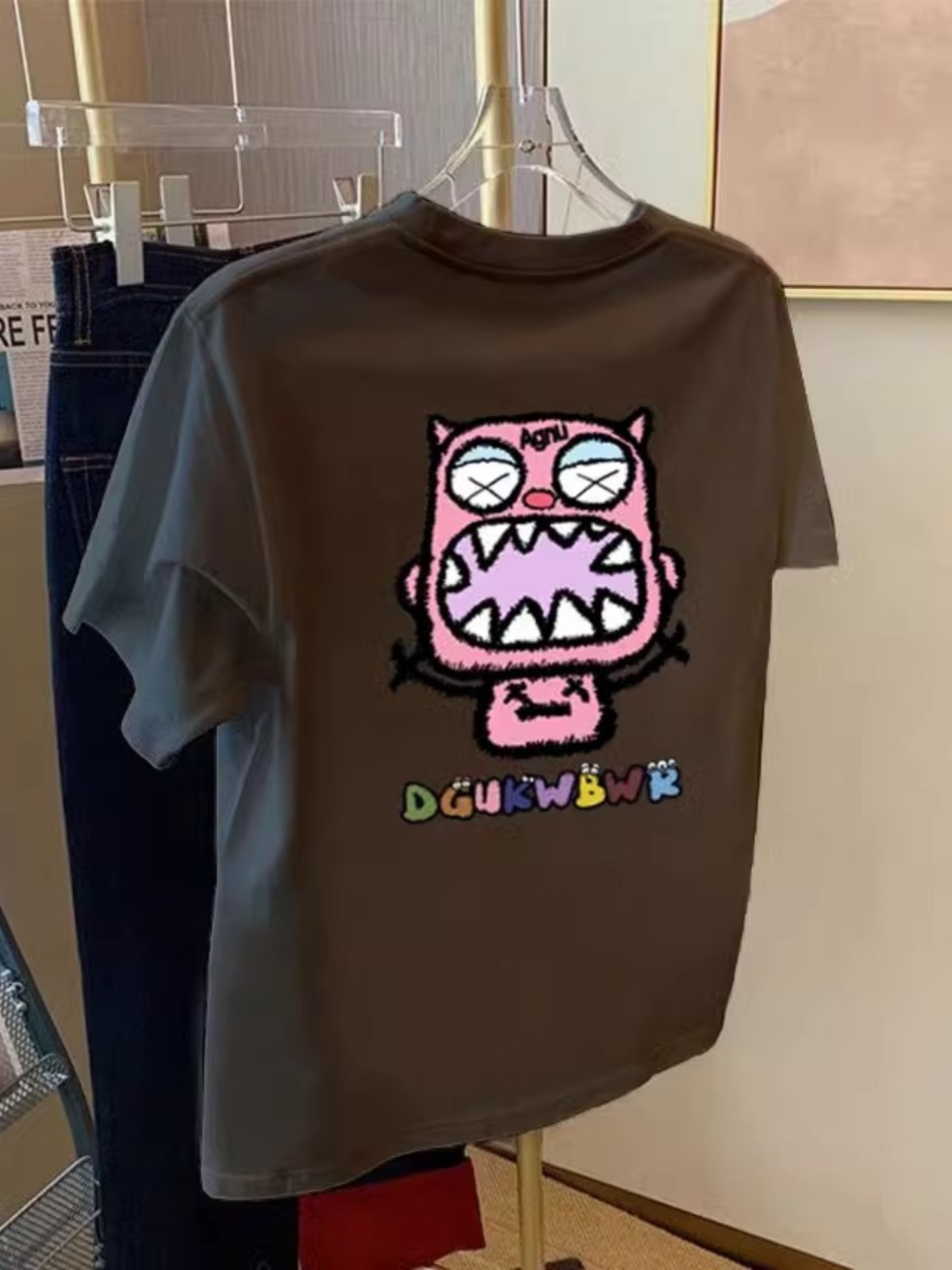 2025 Summer New Arrival Shoulder Pure Cotton Loose Gray Short Sleeve T-Shirt Female Stylish Little Monster Texture Tops Fashion
