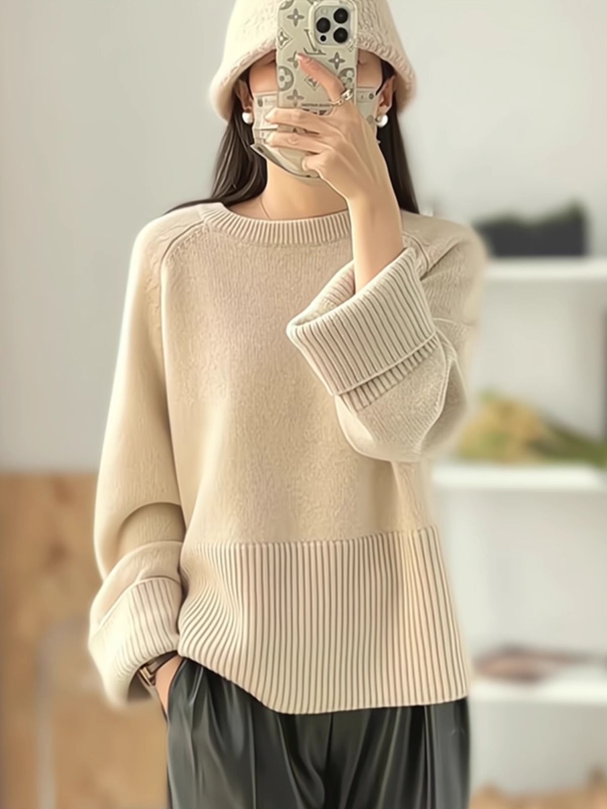 2025 New Lazy Wind Loose Slim Looking Crew Neck Pullover Sweater Female Stylish Western Style All-Matching Casual Sweater