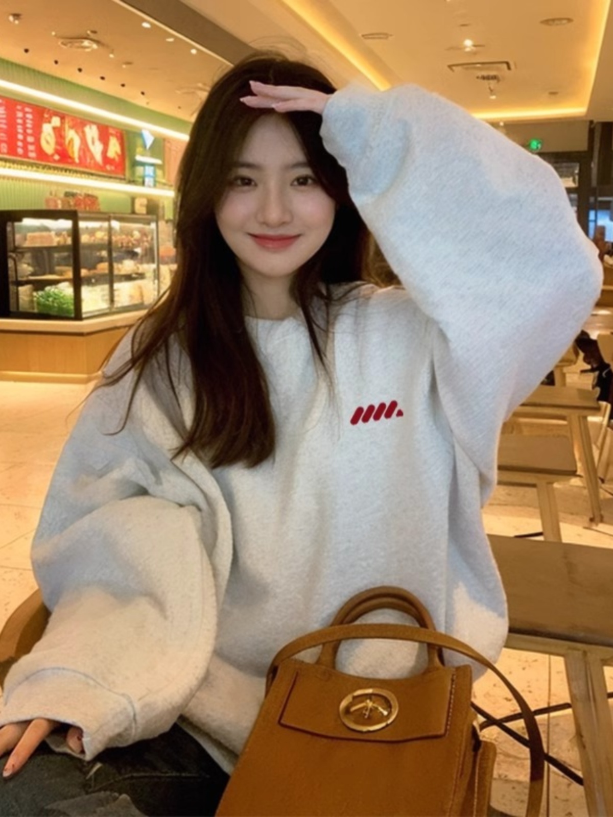 round Neck Fleece-lined Hoodie Women Spring and Autumn 2025 New Popular Korean Series Hoodless Long sleeve Top Light Gray Loose Outerwear