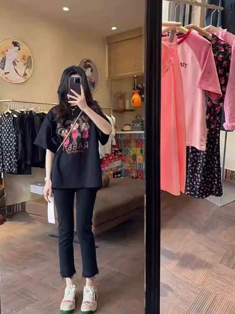Pure Cotton Shoulder Sweet Cool Retro Black Short-Sleeved T-shirt Female 2025 Summer New Arrival Loose Slim-Looking Half-Sleeved Top
