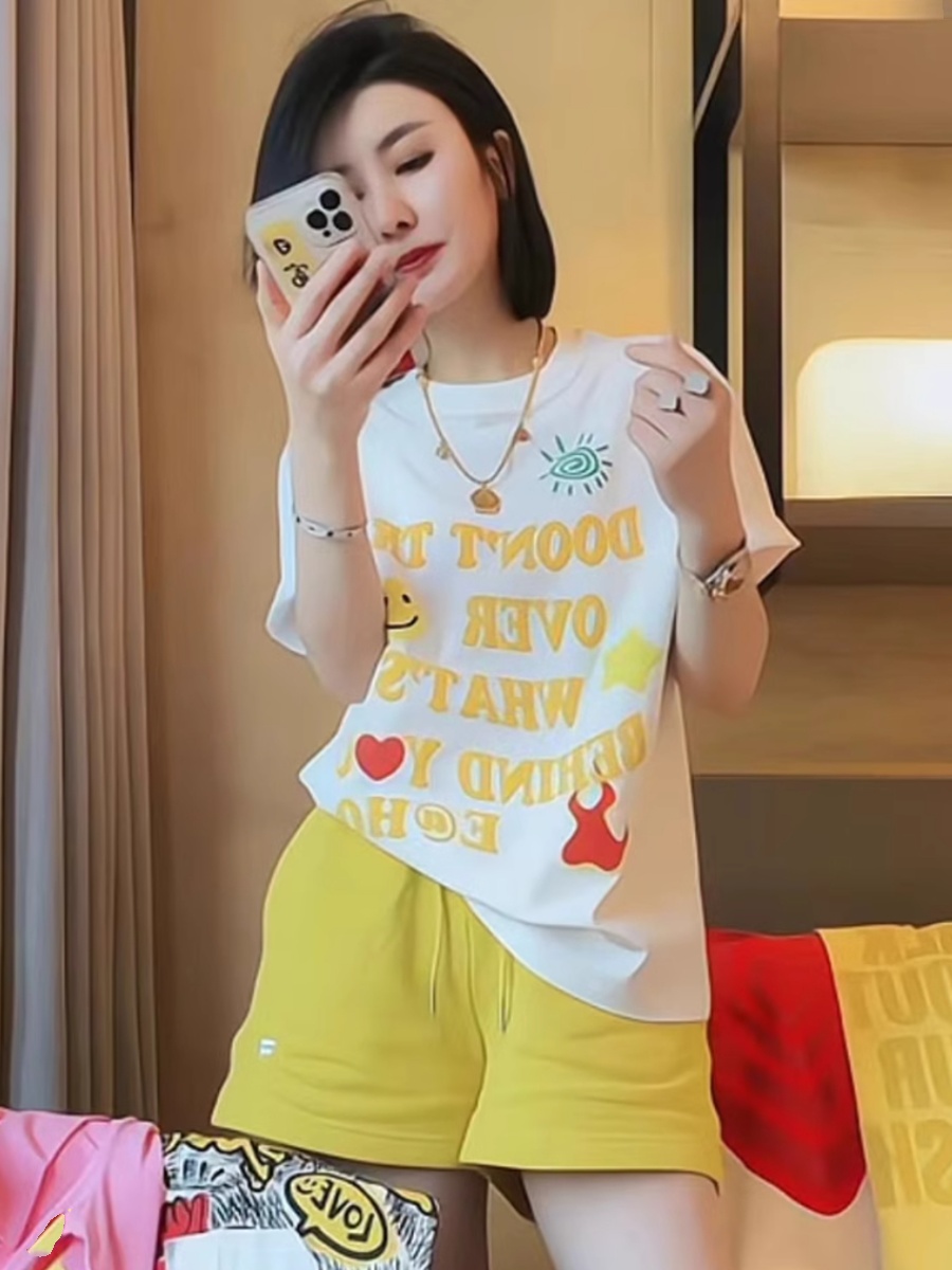 American Dopamine Wear Tops 2025 New Arrival Summer Mid Length Long Length Letters Print Pure Cotton Short Sleeve T-shirt Female Fashion