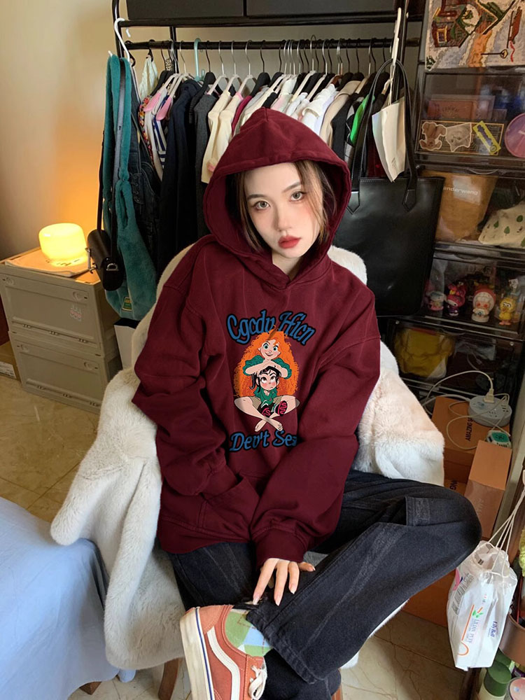 Spring Wine Red Sweatshirt Female 2025 Birth Year Clothes Small Wide Loose Shoulder Velvet Padded Thickened Top Spring & Fall